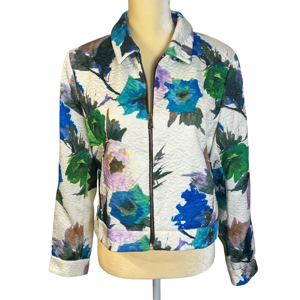 Zara Basic Floral Print Zip Up Jacket Women Colorful Watercolor‎ Flowers Size XL